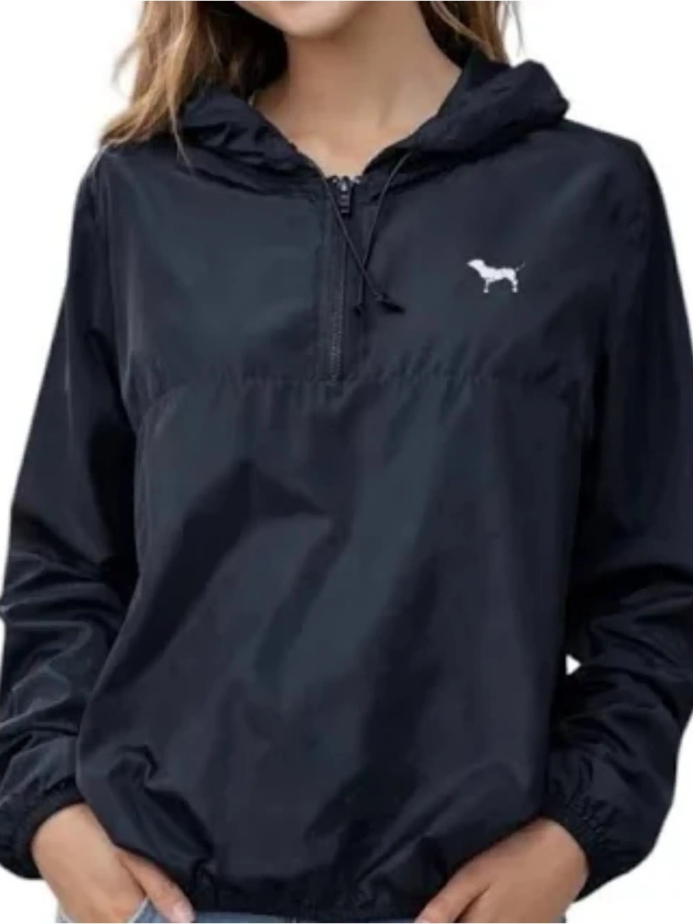 PINK Victoria's Secret Black Hooded Pullover Anorak with White Dog Logo size M/L